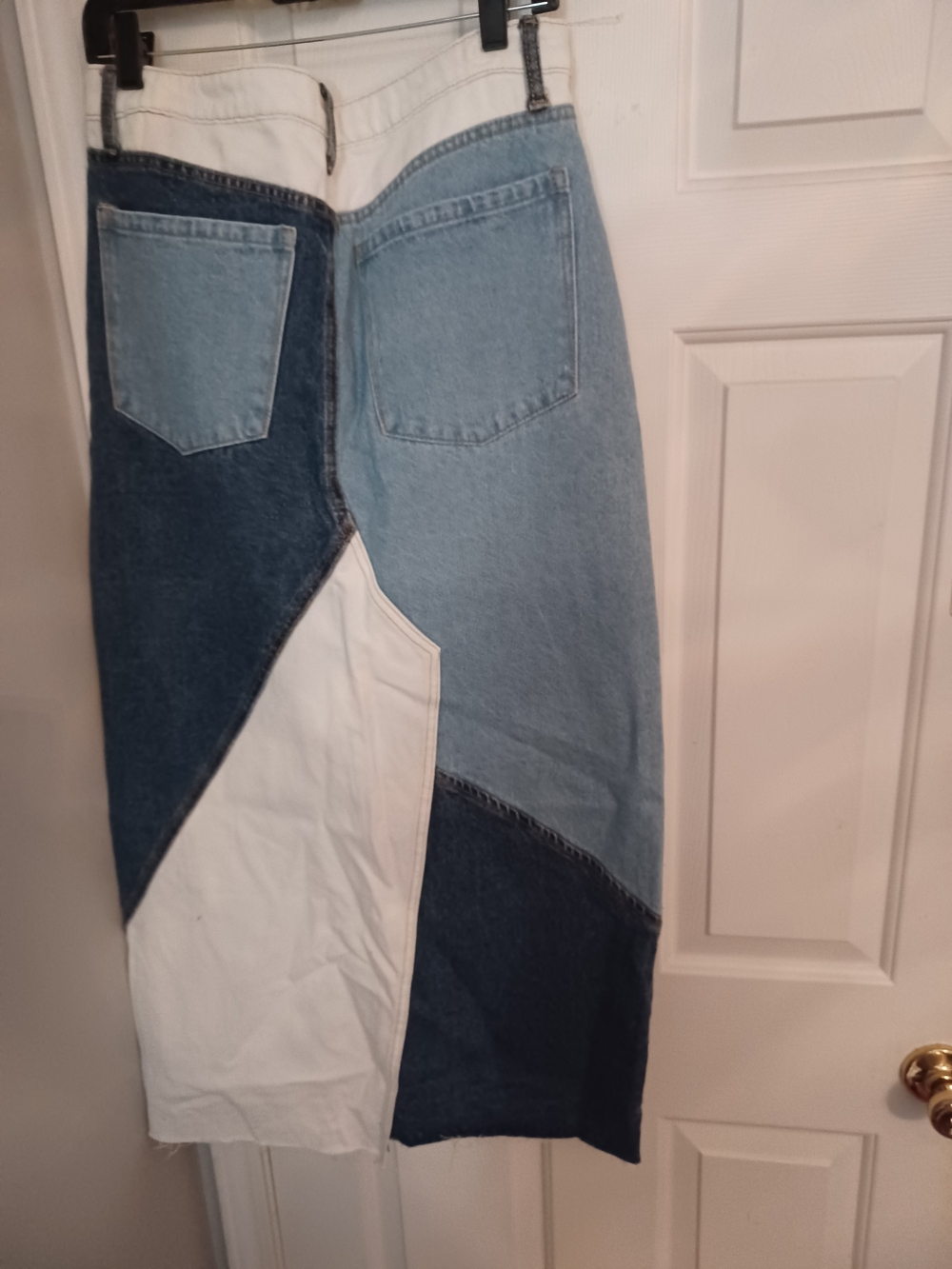 Patchwork Denim Midi Skirt in Light & Dark Blue with White Panel